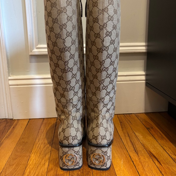 Gucci Monogram Knee High Boots Size 7.5,8, 38 Brown/Tan - Picture 1 of 5